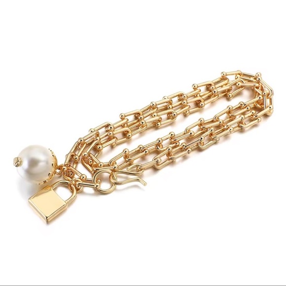 Graduated Link Elegant Gold Chain Lock Pearl Charm - Picture 4 of 12